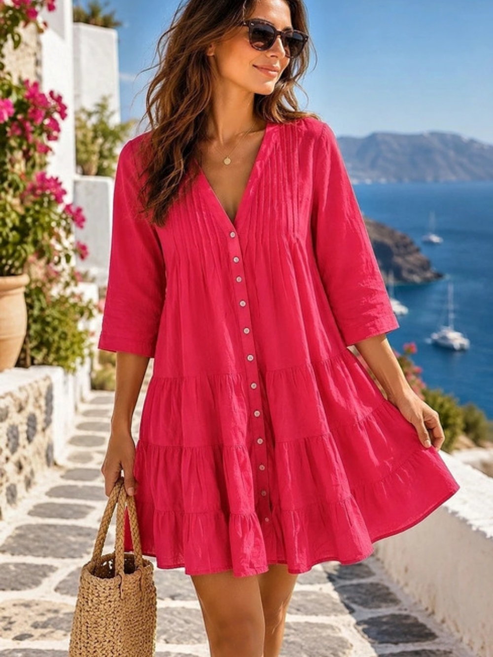 J.Crew Bright Fuchsia Tiered Cover Up Button Front Mini Dress Size S
